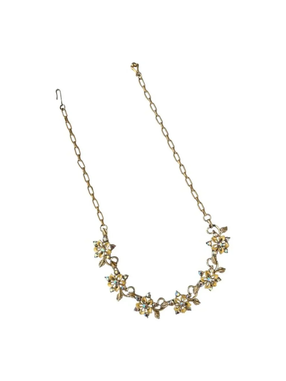 Rare Vintage Star Floral Link Choker, Yellow Enamel Flowers, AB Rhinestones, 17